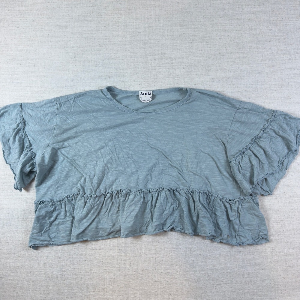 Arula Blue Slub Knit Ruffle Sleeve Peplum Crop Top Size 0 A1879K001PD